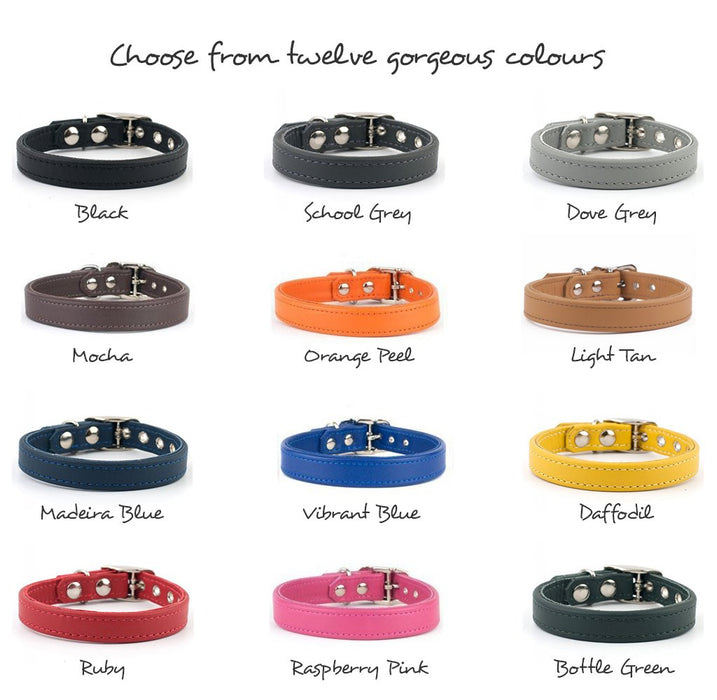 Bespoke leather dog collars & leads in twelve gorgeous colours