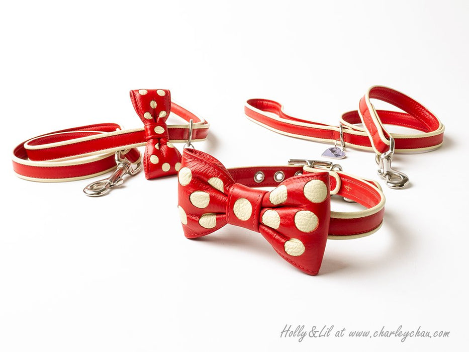 Bow Tie Piped Leather Dog Lead Collar by Holly&Lil