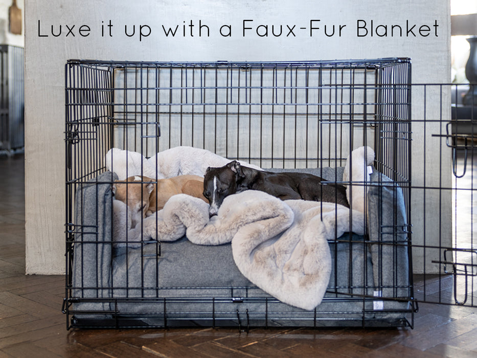 Luxury dog bedding set for a dog crate and stylish faux-fur dog blanket