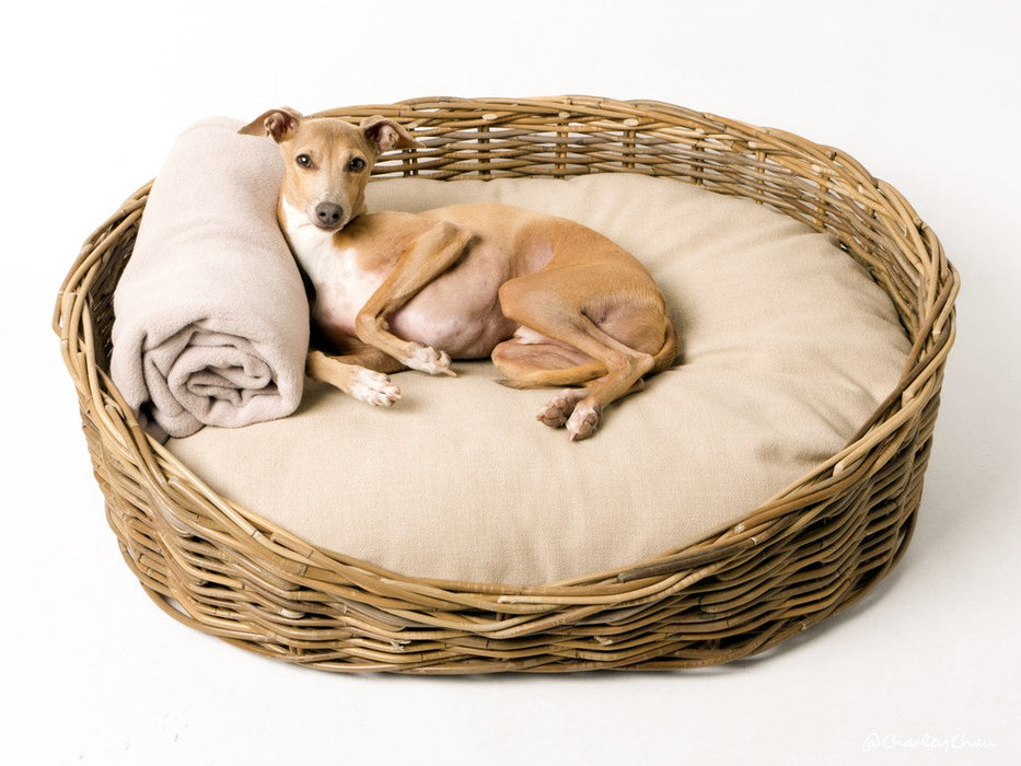 Charley Chau Oval Greywash Rattan Dog Basket & Reversible Mattress