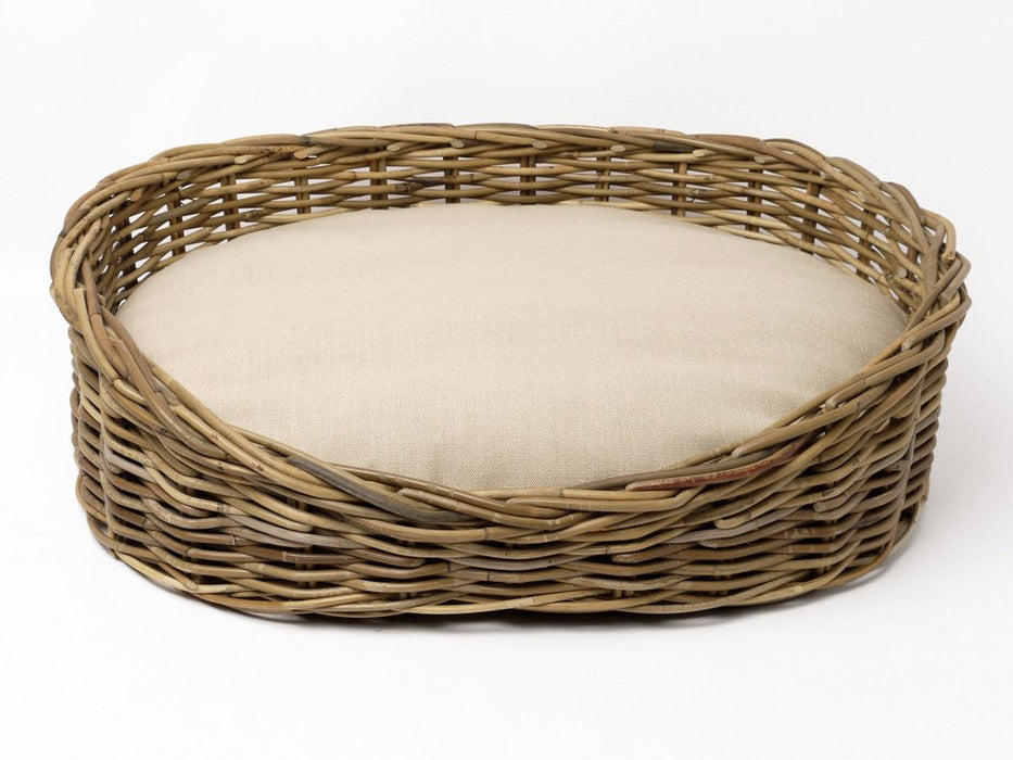 Oval Greywash Rattan Dog Basket with Oval Mattress - Stone