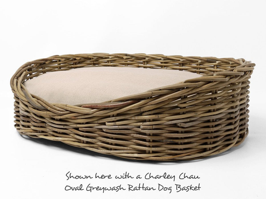 Oval Dog Bed Mattress shown here with Oval Greywash Rattan Dog Basket