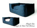 The Deeply Dishy Luxury Dog Bed  by designers Charley chau in a dark blue velvet with contrasting pale pink velvet mattress.